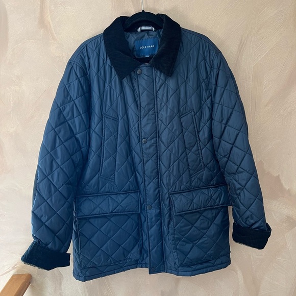 Cole Haan Men’s Blue Quilted Barn Jacket size XL With Corduroy Details - Picture 2 of 16